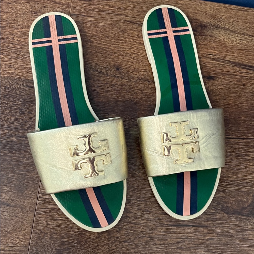 Tory Burch Green Gold Slide Sandals - Picture 2 of 5